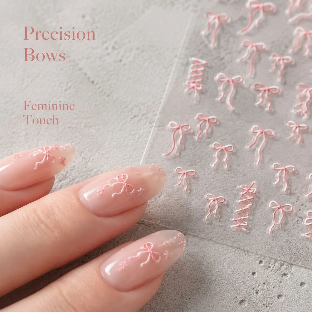 1Pc 5D Delicate Bow Rope Knot Nail Stickers Raised Embossed Ribbon Self‑Adhesive Decals For Women DIY Fashion Manicure Decor