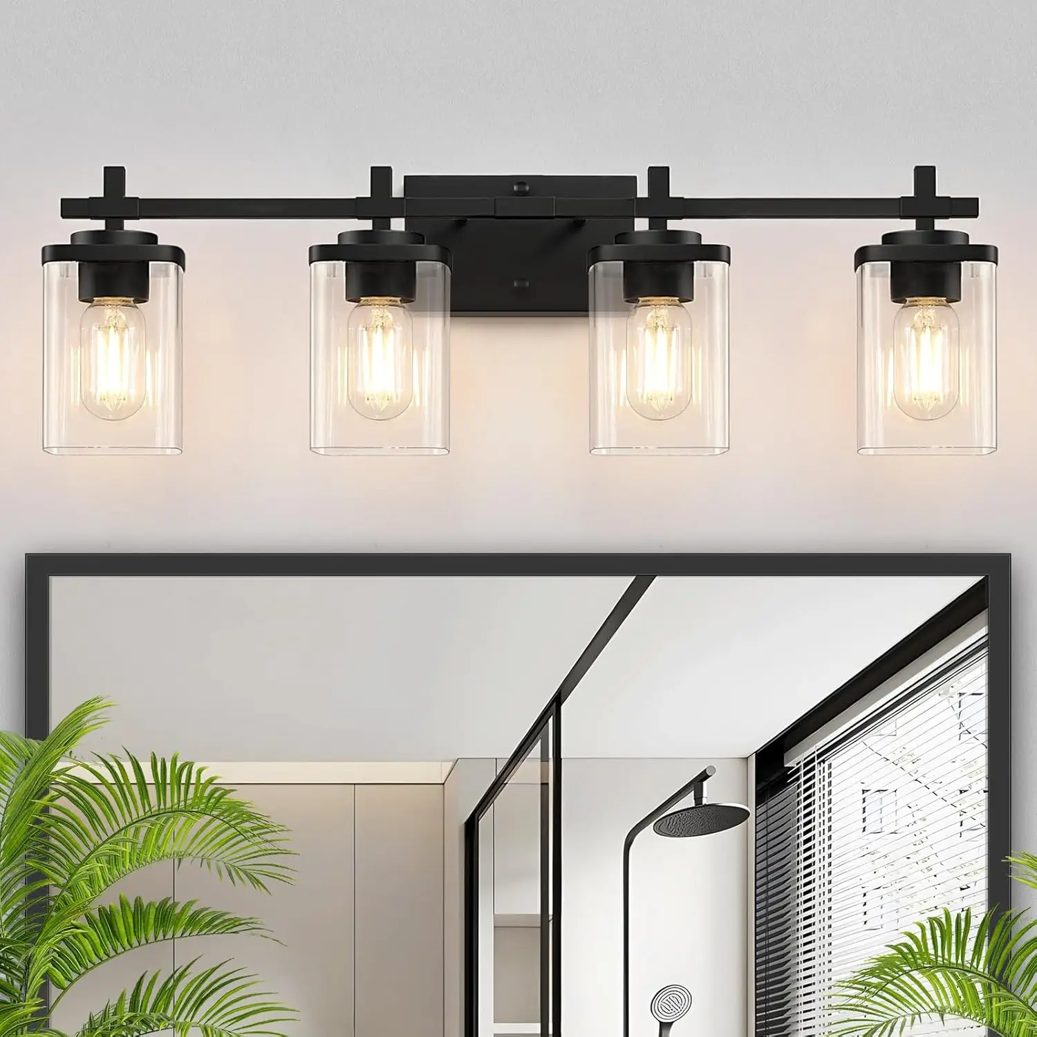 

4-Lights Matte Bla Bathroom Light Fixture, Modern Bla Vanity Lights Over Mirror With Clear Glass Shade, Bathroom Wall Mounted
