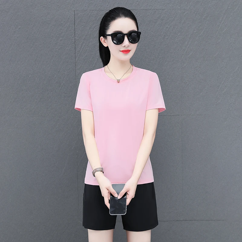 Fashion quick drying ice silk short sleeved shorts 2-piece set for women's new summer thin running breathable sportswear suit