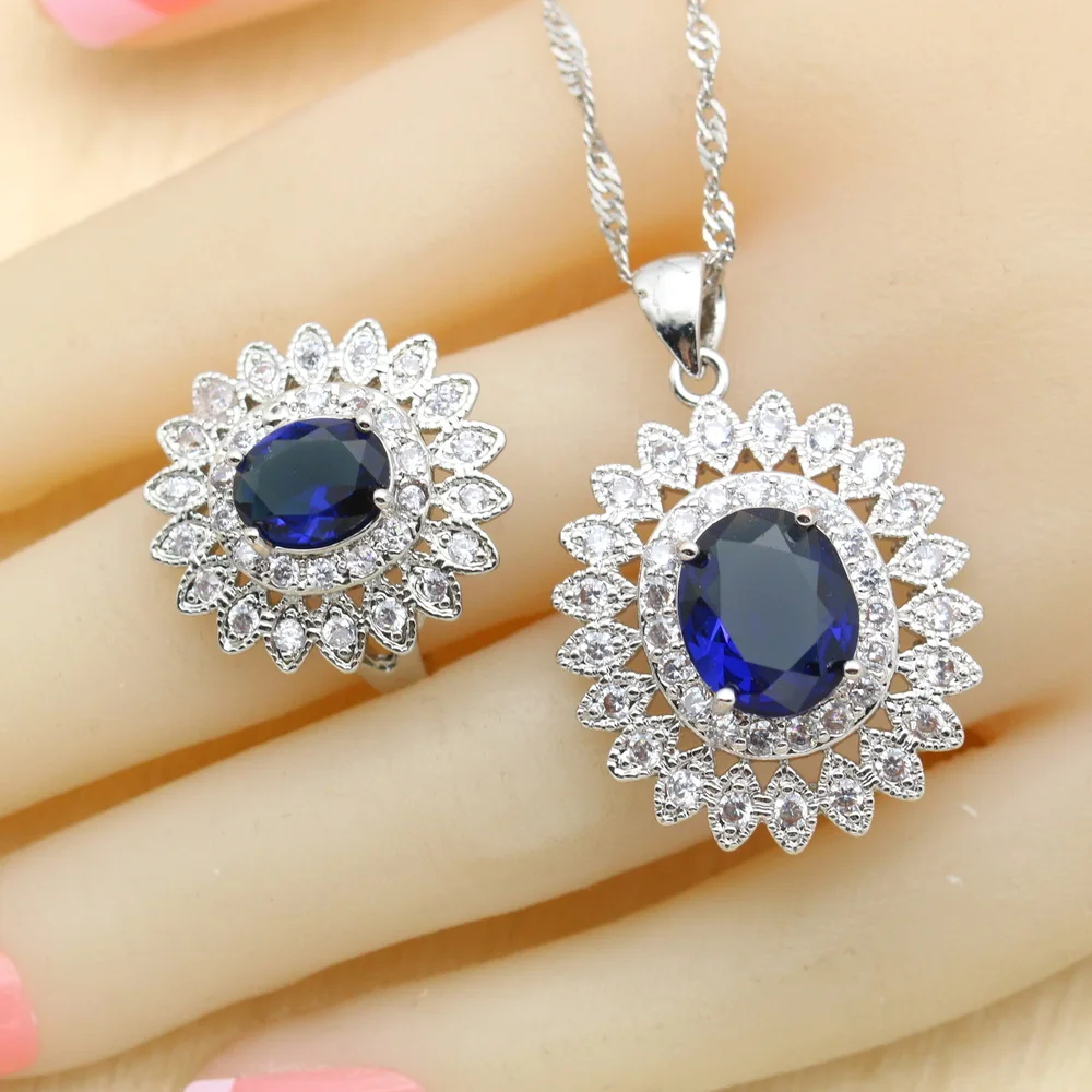 Dark Blue Zirconia For Women Jewelry Sets 925 Silver Necklace Pendant Bracelets Earrings Rings Free Gift Box