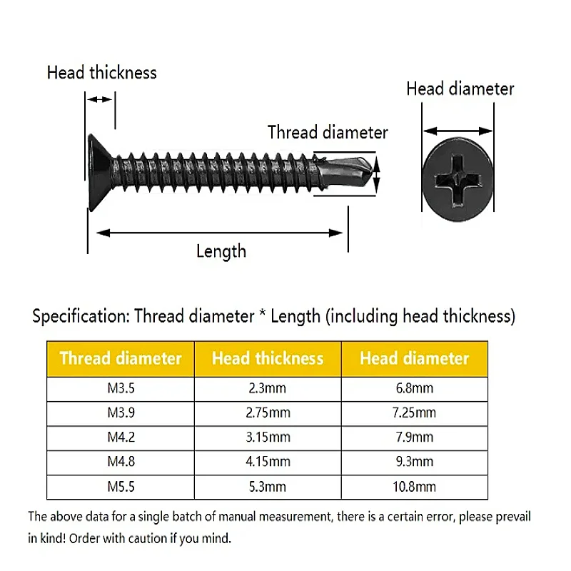 M3.5 M3.9 M4.2 M4.8 M5.5 Black 410 Stainless Steel Phillips Flat Head Self Drilling Screws Tapping Screw for Wood Metal Sheet