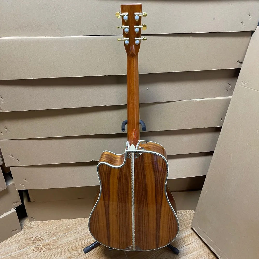 High Glossy D-45 Acoustic Guitar, Koa Body, 6 String with Fancy Inlays & Abalone Binding, Gold Tuners, Pro Folk Guitar