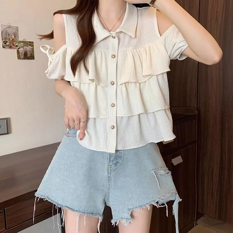 Nice Femme Summer Korean Fashion Button White Polo Collar Off Shoulder Women Shirts Trend Fashionable Ruffles Cotton Short Sleev