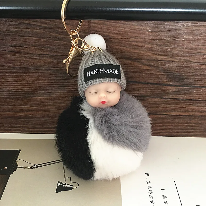 infant keychain Pompom sleeping baby keychain cute fluffy Plush doll Keychains Women Girl Bag keyrings Cars Key ring Jewelry