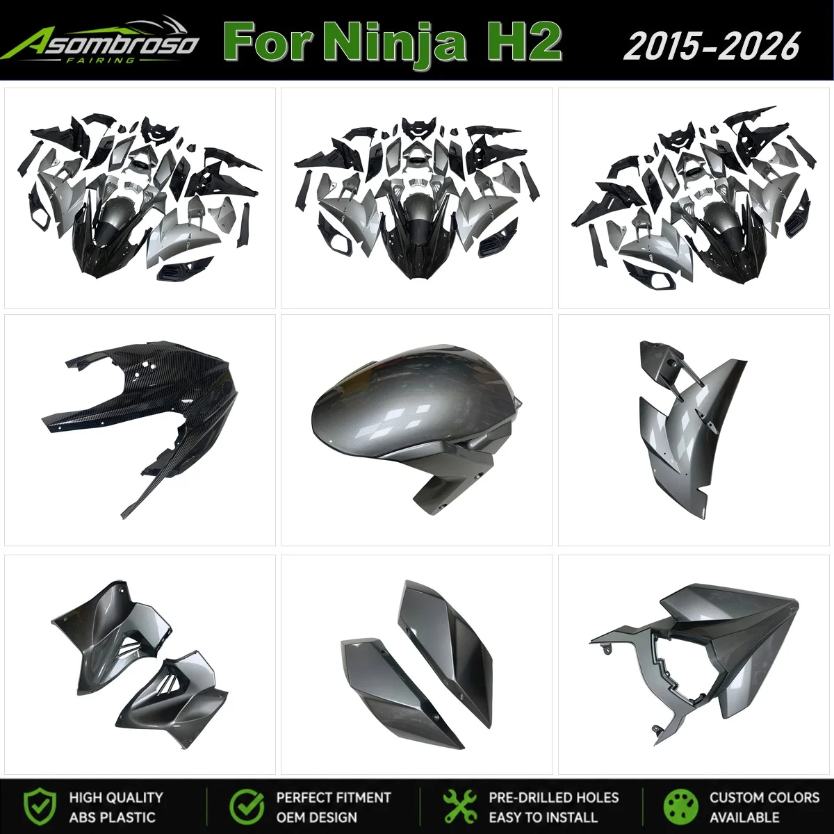 Complete Motorbike Body Work Fairings Kit Set For Ninja H2 2015-2026 Gloss Metallic Gunmetal Painted