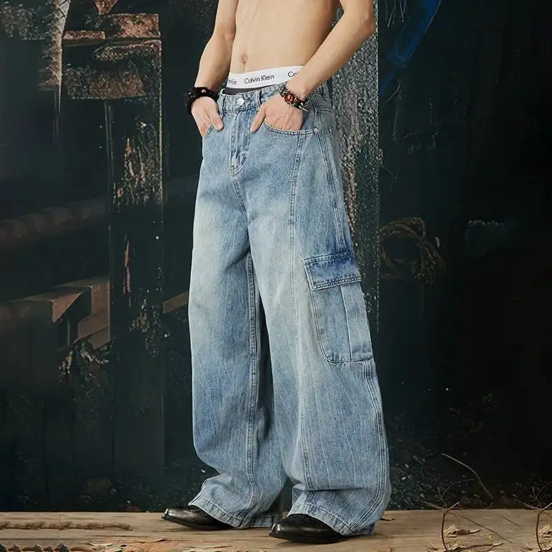 LUZHEN 2026 New Gradient Washed Multi Pockets Design Loose Straight Jeans Men's Fashion Handsome Casual Male Denim Pants JY6798