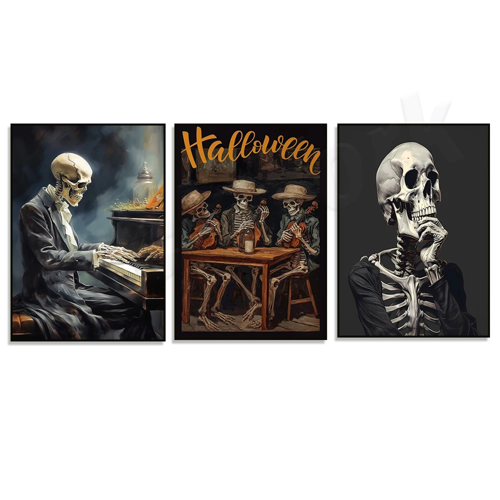 Halloween cowboy skull print, skeleton playing violin, skeleton pianist, dark romantic horror, moody scary halloween poster