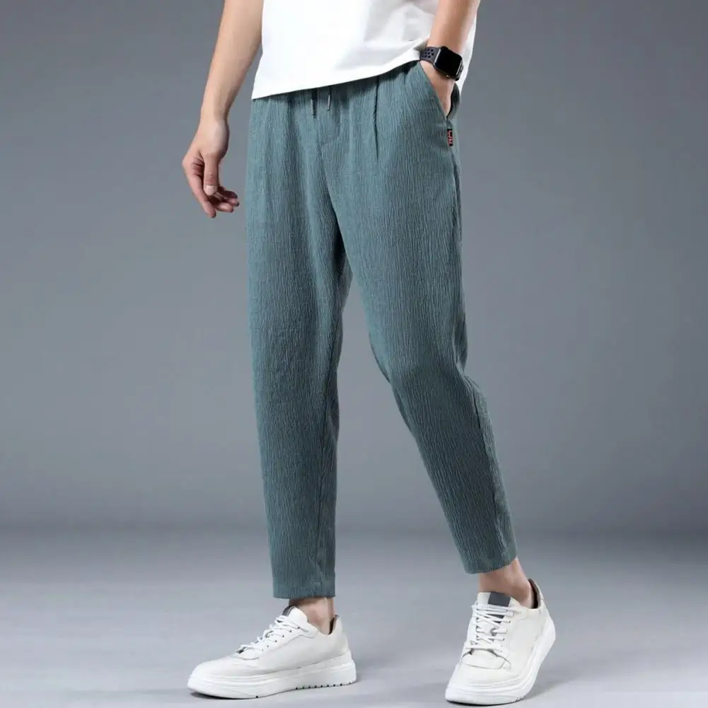 Men Elastic Waist Pants Men's Drawstring Elastic Waist Ninth Pants with Pockets Straight Leg Loose Fit Casual Sport for Daily