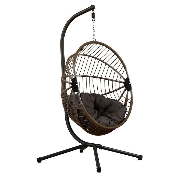 Indoor Outdoor Egg Swing With Stand, Oversized Cocoon-Shaped Rope Woven Hanging Chair Cushion, Safety Strap, Patio Wicker