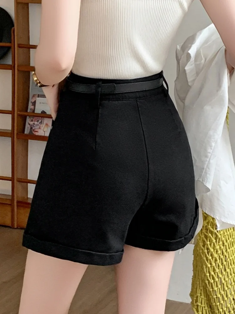 Smthma calções casuais para mulheres verão 2025 lavagem de água workwear shorts soltos a linha magro perna larga shorts com cinto