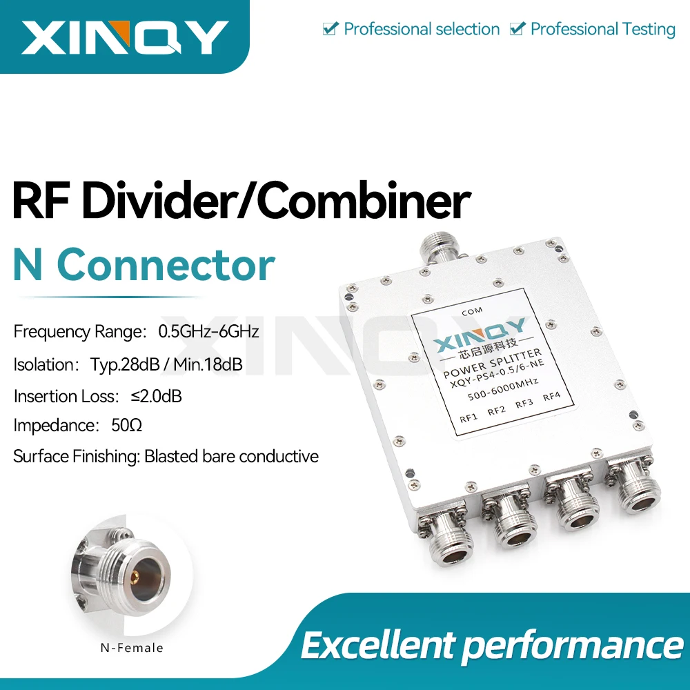 XINQY 0.5-6GHz 1-to-4 RF Microstrip Power Splitter, N-Type Connector, Coaxial Power Combiner