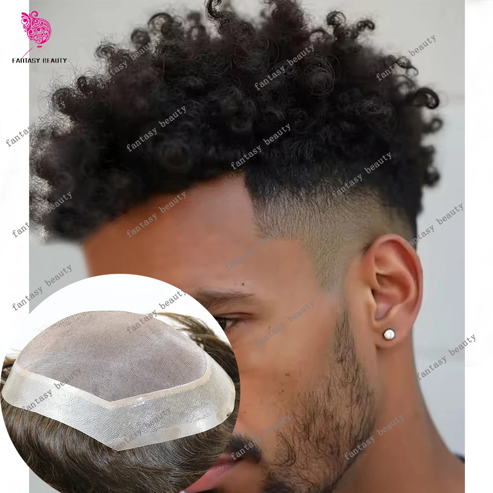 

Мужской парик-система замещения волос из 100% натуральных волос, афро-стиль, 8 мм, кудрявые, коричнево-русые, дышащие, прочные, с монолентой и полиуретановой основой