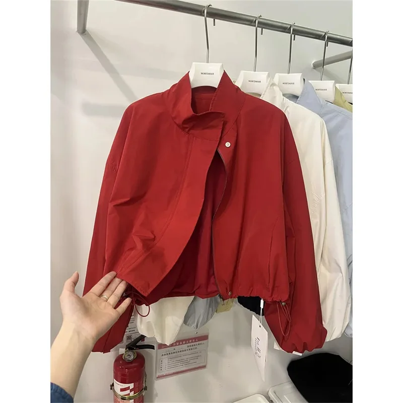 Red Jacket Women's New Loose Coat Spring Autumn 2026 Casual Little Outwear Fashion Stand-UP Collar Short Outcoat Female Top Tide