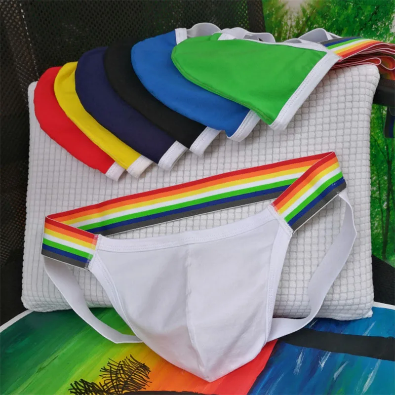 

Men's Rainbow Sexy Thong Openback Cotton Briefs Man Breathable Quick Dry Personality Underpant GAY White Double T-Back Thongs
