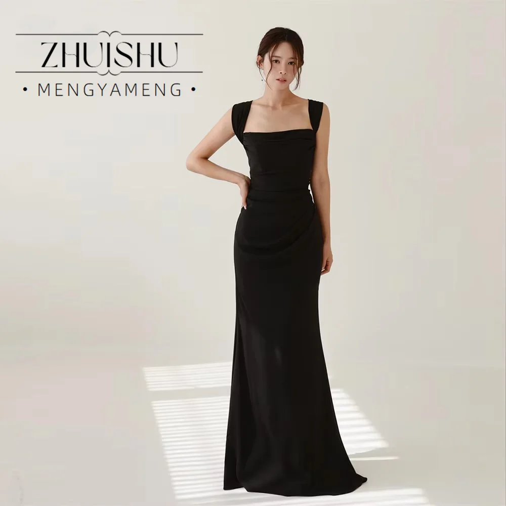 Black Sleeveless Evening Dresses Sheath Elegant Square Collar Wedding Photo Shoot Dresses Korea Customized Reception Dress