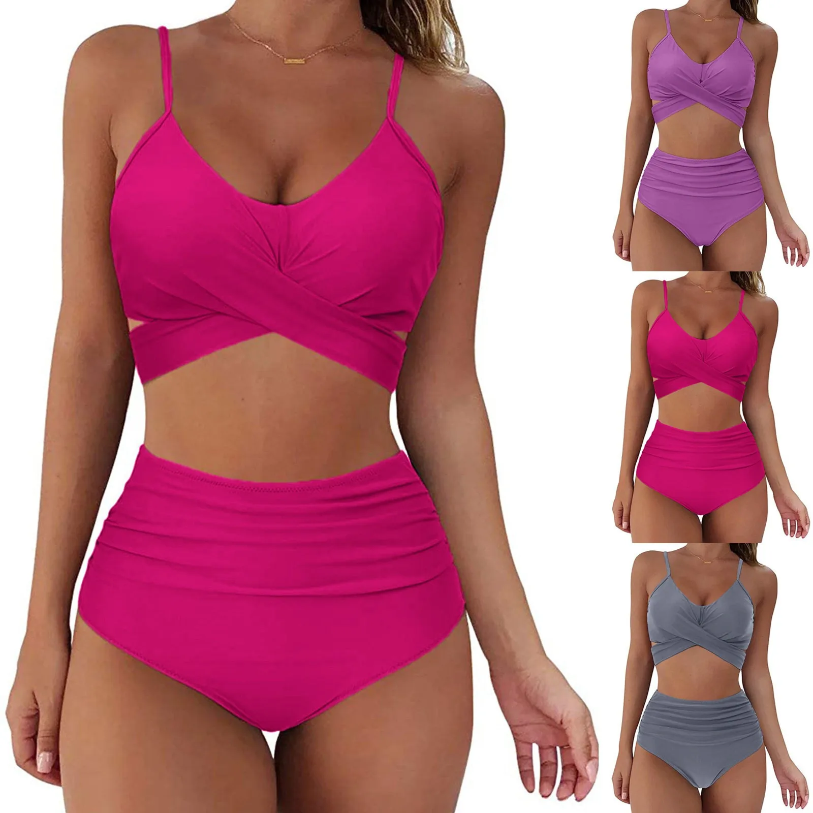 Bikini De dos piezas para Mujer, De Color sólido tankini, bañador arrugado, ropa De playa hawaiana, Trajes De baño para Mujer 2024