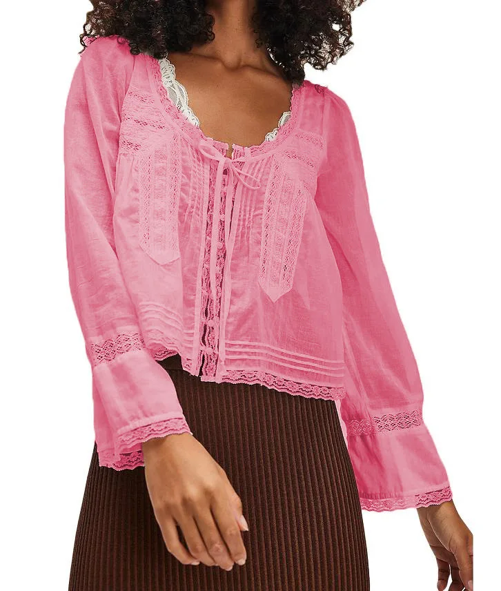 Damen-Bluse im französischen Nischenstil mit U-Ausschnitt, Spitze, kurzer Länge, vorne gebunden, ausgestellte lange Ärmel, Vintage, leicht, lässig – Detail 9
