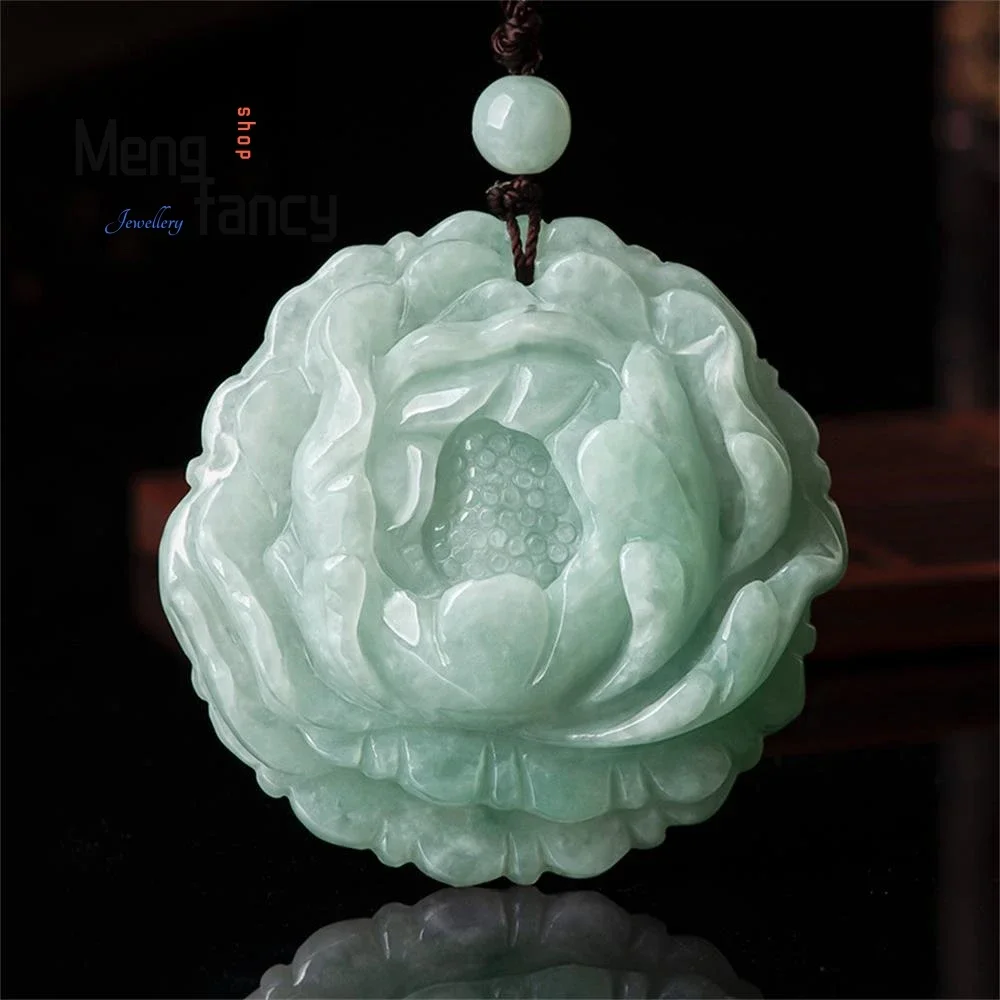 

Natural Myanmar A-goods Jadeite Peony Flower Ice Jade Pendant Exquisite Elegant Handicraft Fashion Luxury Jewelry Holiday Gift