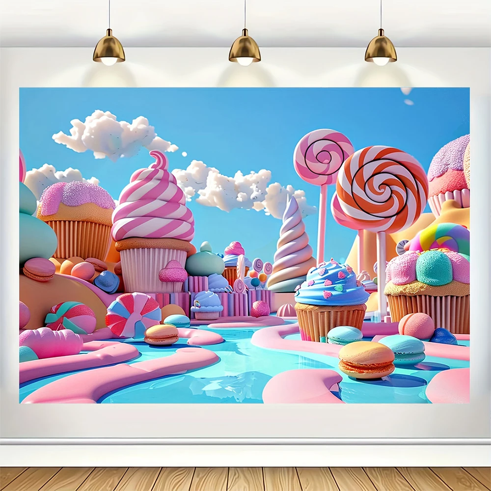 Sweet Ice Cream Theme Backdrop Dessert Lollipop Rainbow Photography Background Girl\'s Birthday Party Cake Table Decor Banner