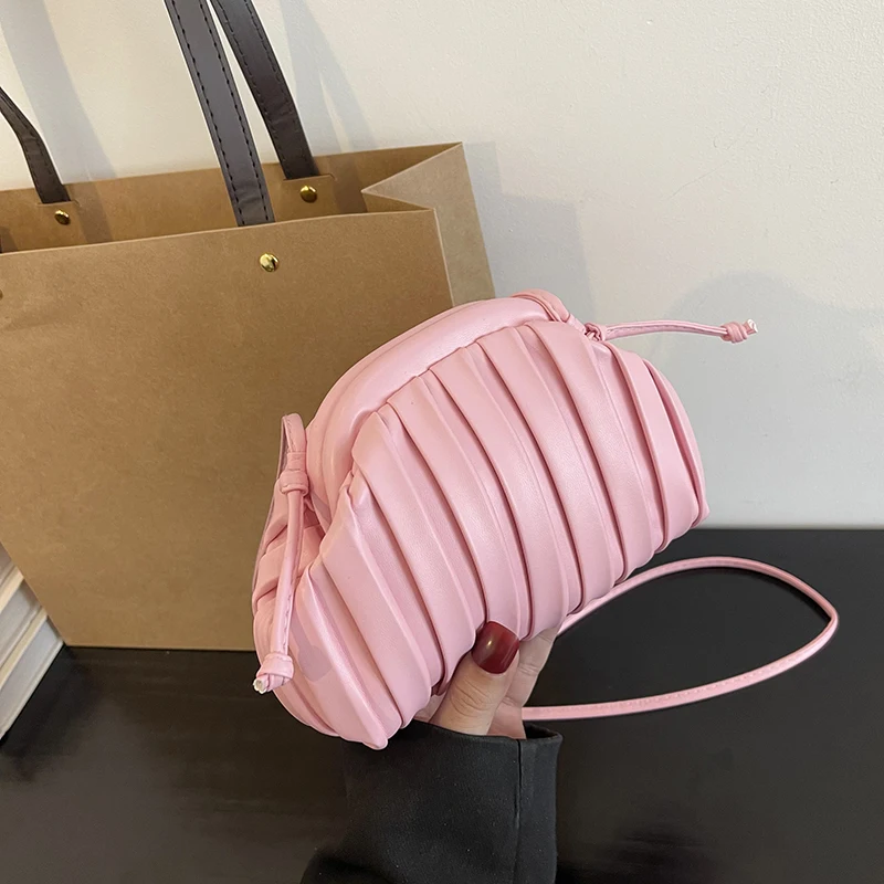 2024 New Fashion Pleated Striped Handbag Clutch Bag For Lady Pink Crossbody Phone Bag Top Quality Leather Female Bag Clip Purse