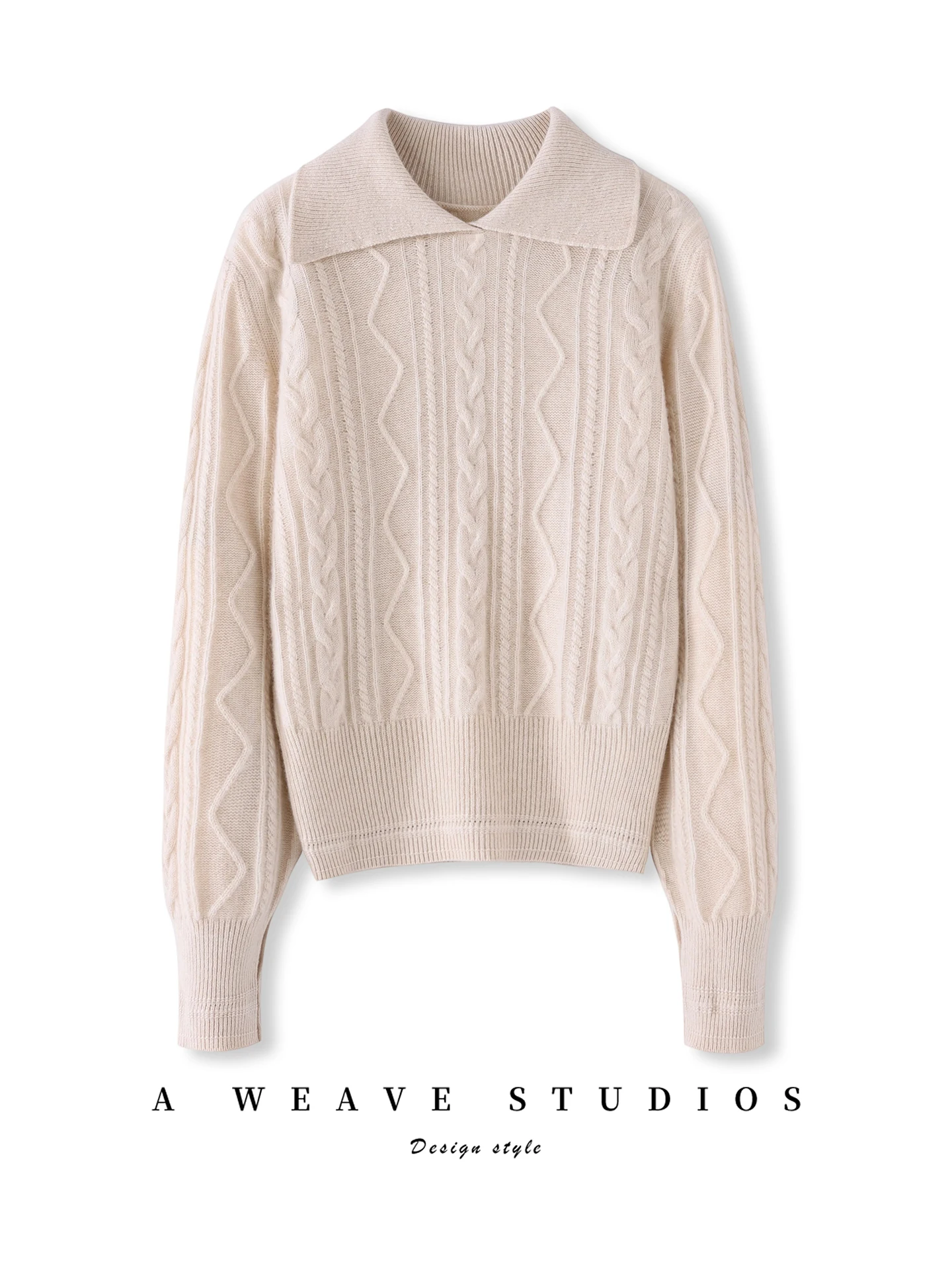 TLOML Women's 100% Cashmere Sweater Turn Down Collar Cable Knit Pullover Cinched-Waist Autumn Winter Cashmere Knitwear Thick Top
