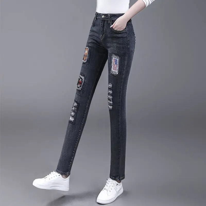 High-waisted Jeans Women's Spring and Summer 2025 New High-waisted Slim-fitting Embroidery Elastic Ripped Punk Pencil Pants