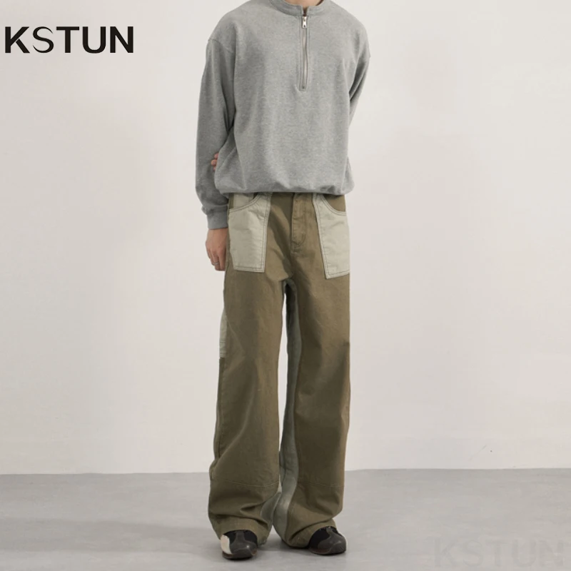 

KSTUN брюки из 100% хлопка, мужские зеленые свободные прямые широкие брюки, повседневные винтажные потертые брюки полной длины с накладными карманами