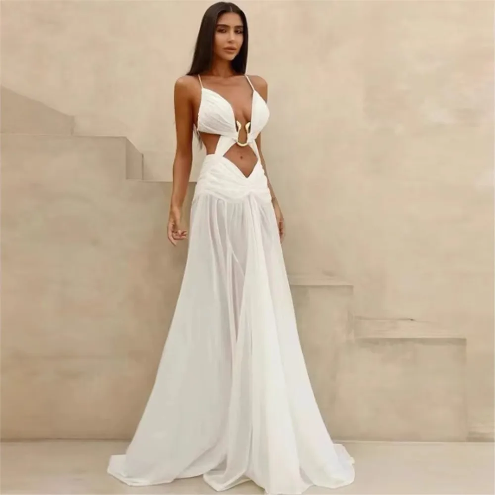 

Mesh Hollow Dress Summer New Women's Elegant Sexy Sleeveless Deep V Navel-Revealing Suspender Dress Vestidos De Fiesta Elegantes