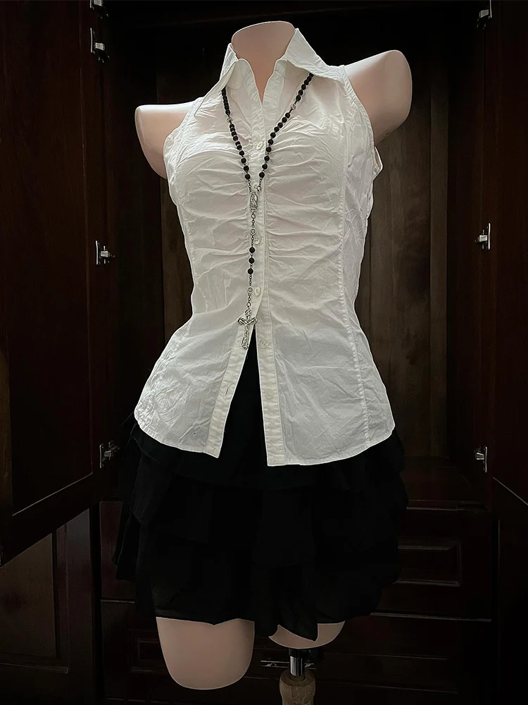 Top da donna vintage bianco Svel irt slim fit con cuciture in vita e pieghe, da pendolarismo, in fibra di poliestere Faion coreana