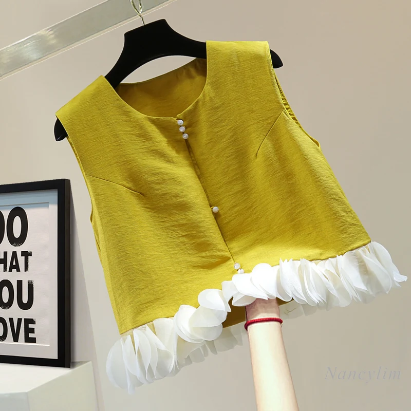 Color Matching Sleeveless Blouse Woman 2024 Summer High Waist Short Petals Patchwork V-neck Vest Shirt Yellow Top