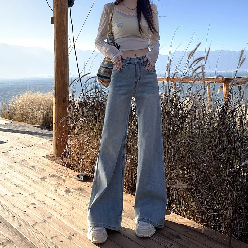 Celana Harem Wanita Nyaman Pinggang Tinggi, Jeans Flare Santai, Celana Bootcut Denim Stretch, Celana Bell Bottom Wanita Warna Solid