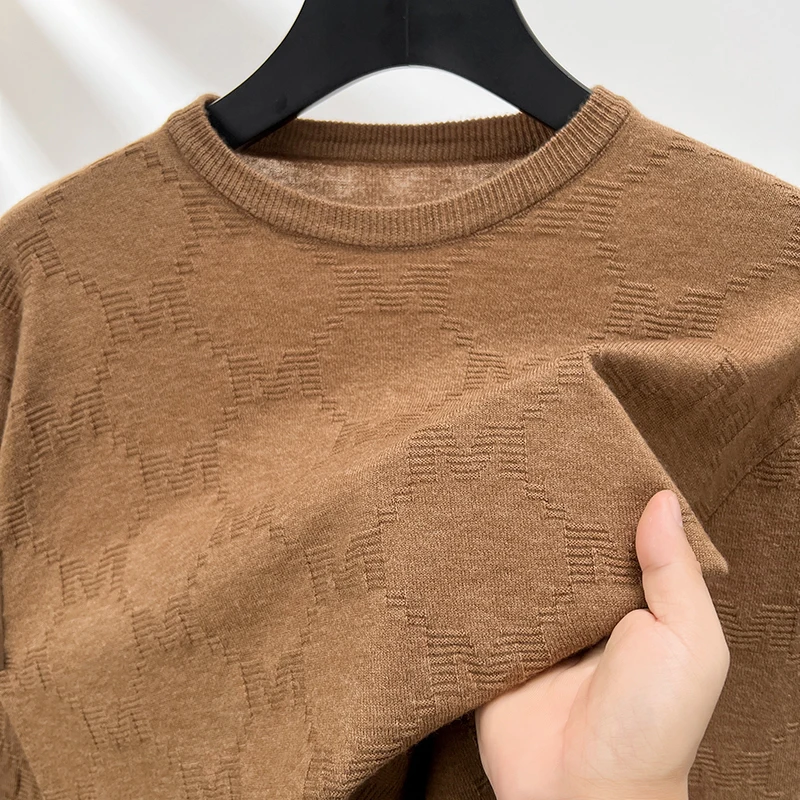 

Лидер продаж, брендовый мужской пуловер с круглым вырезом, шерстяной трикотаж, осень-зима, Новое поступление, однотонная рубашка с жаккардовым низом, мужская одежда для поездок на работу