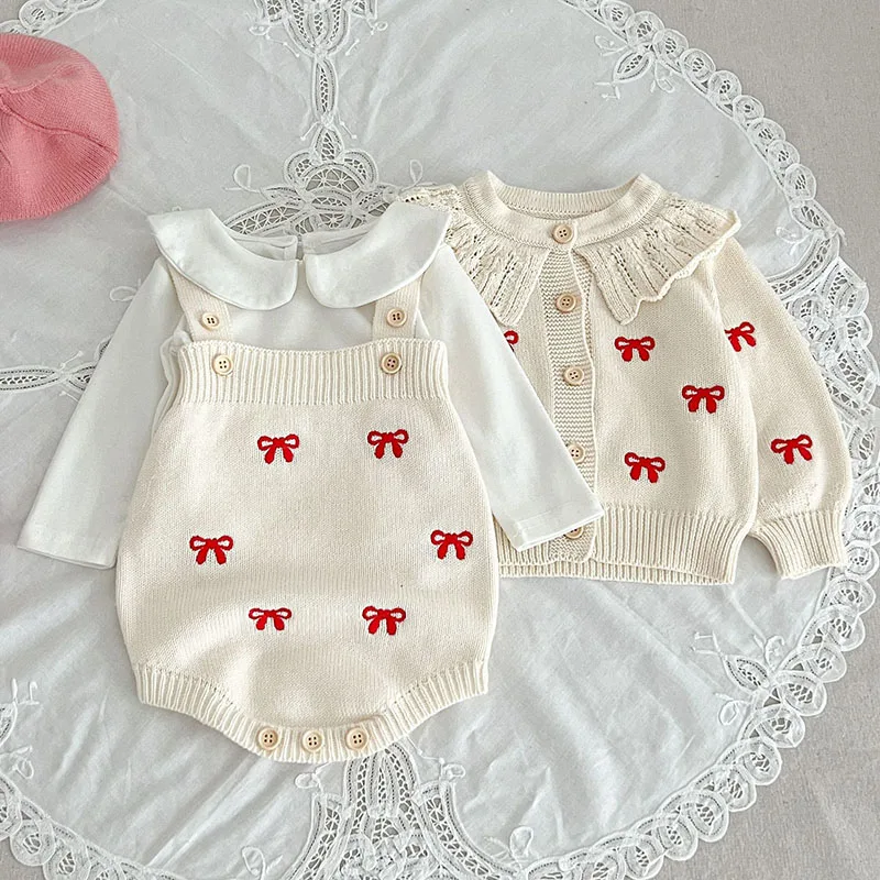 Autumn Winter Toddler Baby Girls Knitting Clothes Suit Embroidered Cardigan Coat+Jumpsuit Children Knitted Clothing Set