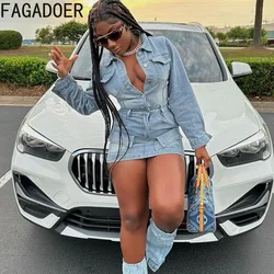 FAGADOER Fashion Denim Pocket Bodycon Mini Dress Women Turndown Collar Button Slim Non-stretchy Vestidos Female Cowboy Clothing