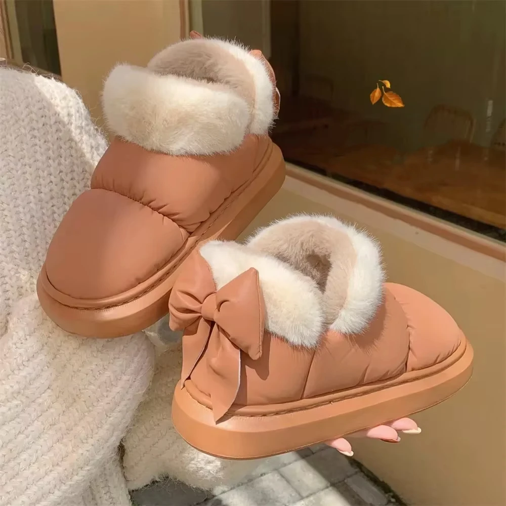 Women's Snow Boots Winter Warm Thick Ankle Boots Outdoor Anti Slip Furry Bow Cotton Shoes Comfortable Waterproof Plush Boots