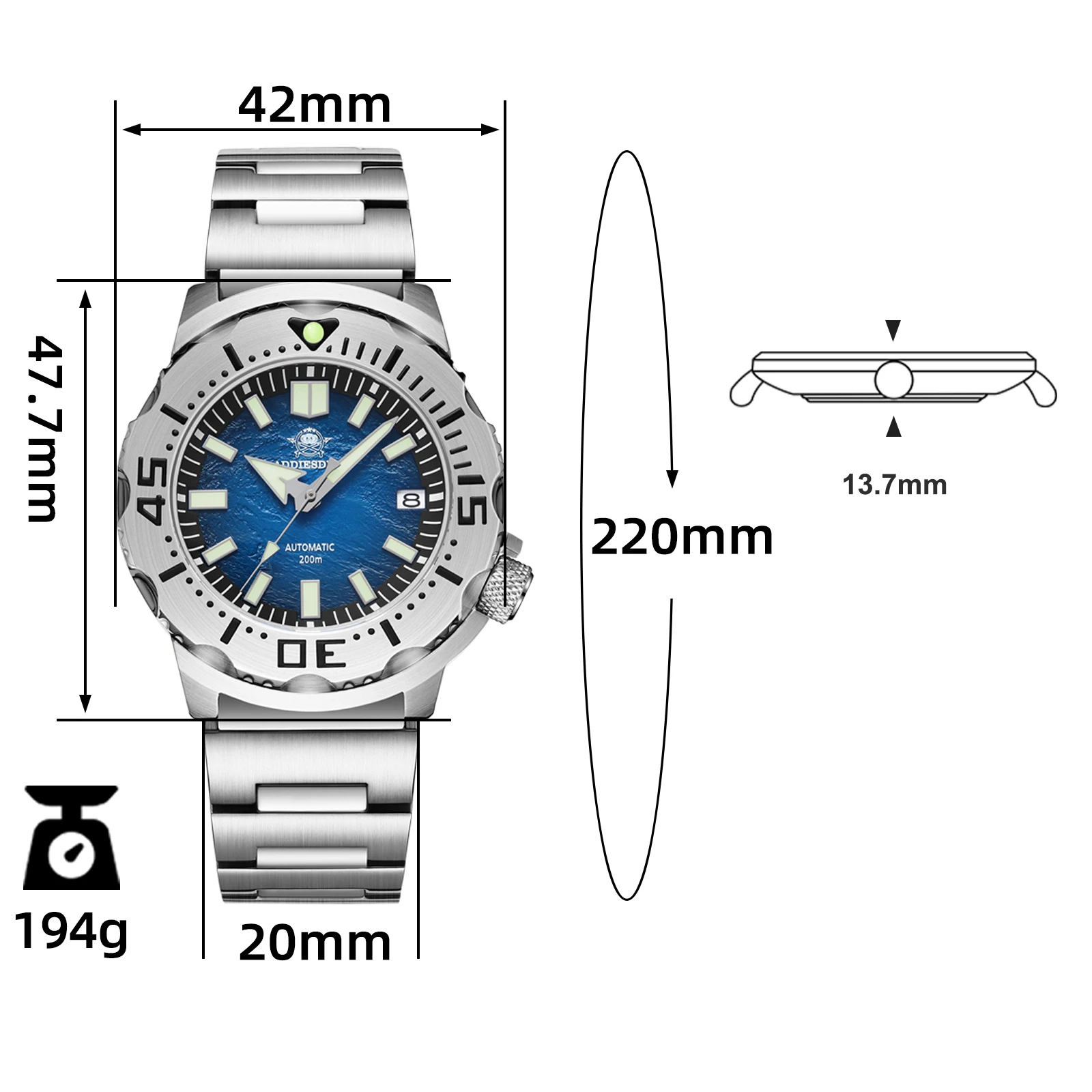 Addiesdive Saffier Lichtgevende Nh35 Beweging Duiker Horloges 20bar Waterdicht Automatisch Mechanisch Horloge Ad2047 Blauwe Wijzerplaat Polshorloge