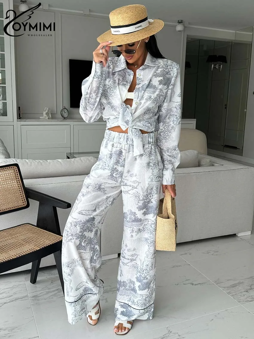 Oymimi Casual Grey Print Sets For Women 2 Pieces Fashion Long Sleeve Button Shirts And High Waist Straight Trousers Female Sets