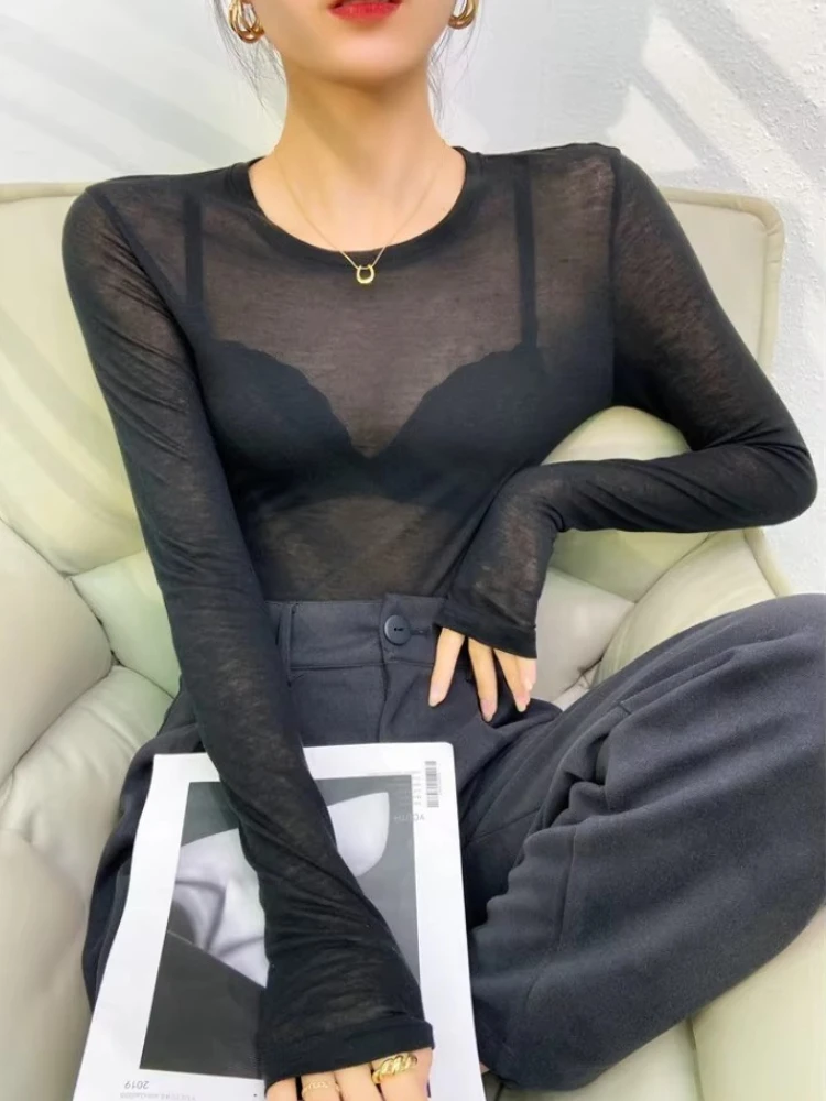 

2025 Sexy Shirt Women T-Shirt Korean Style Slim Basic Elasticity Tshirt Top Womens Clothing T Shirt Thin T-shirt See Through New