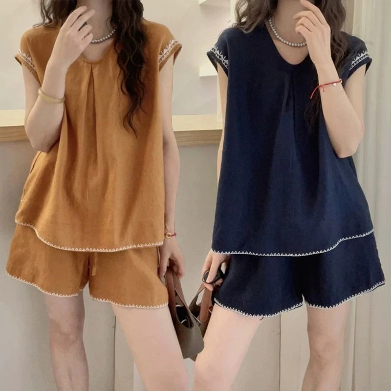 

Summer new embroidered casual two-piece set for women's casual V-neck sleeveless loose top+high waisted shorts simple set