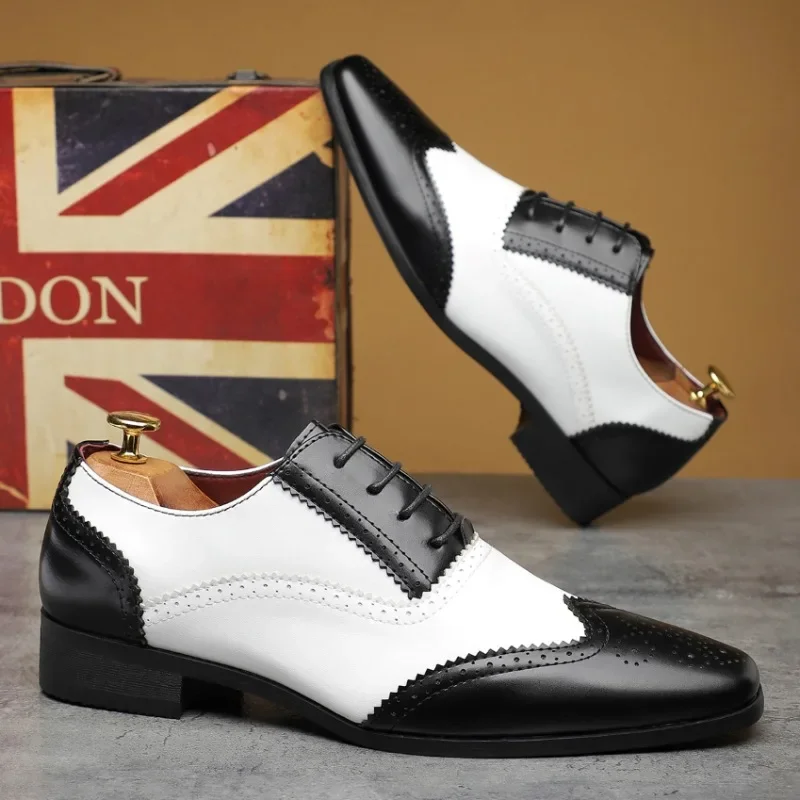 EU size 39--48 Men shoes Luxury Designer Male Pointed White Black Mix Patchwork Brogues Oxford Shoes Men's Formal Wedding Dress