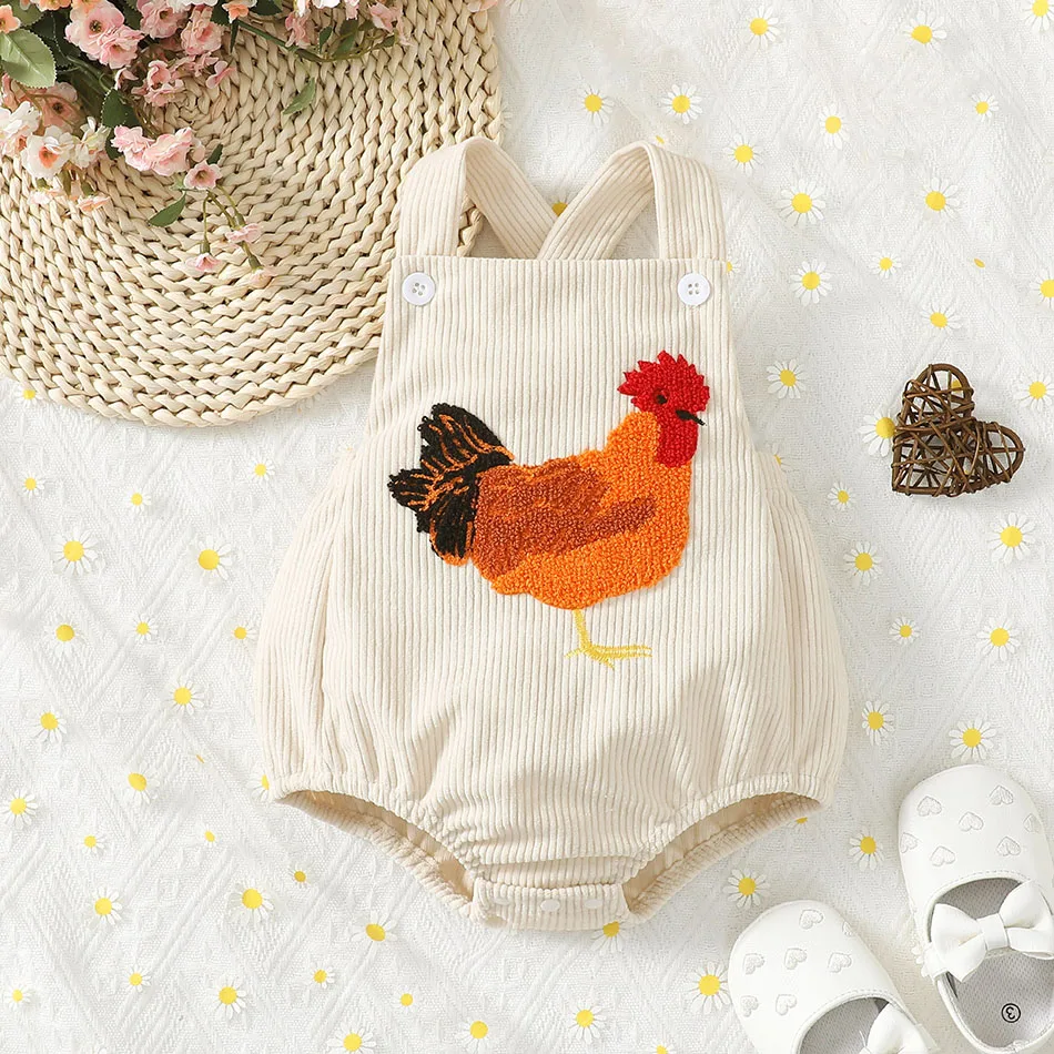 

Unisex Baby Strap Rompers with Playful Kids Rooster Embroidery Soft Multi-Colored Fabric Bodysuit Boy Girl Summer One-Pieces