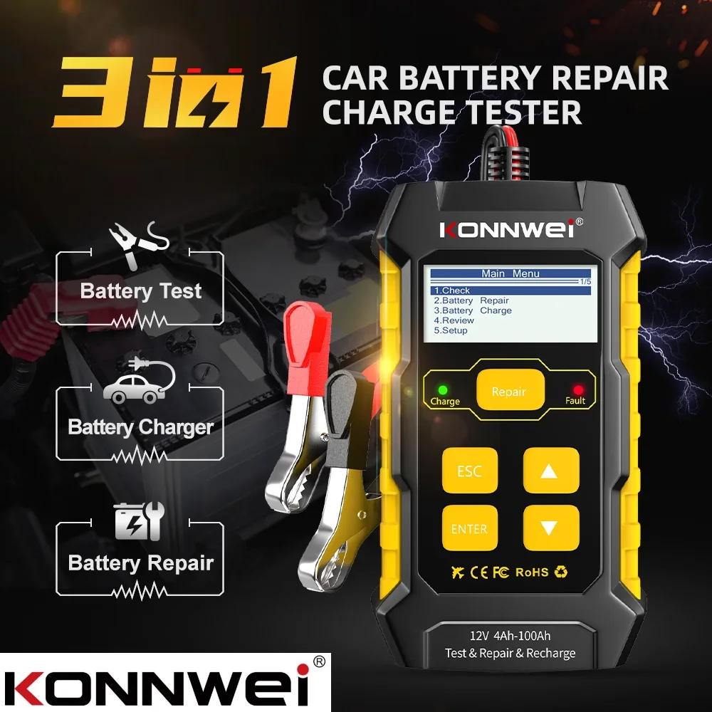 KONNWEI KW510 Автомобильный аккумулятор, зарядное устройство, 12 В, автоматический анализ, инструмент для ремонта аккумуляторов