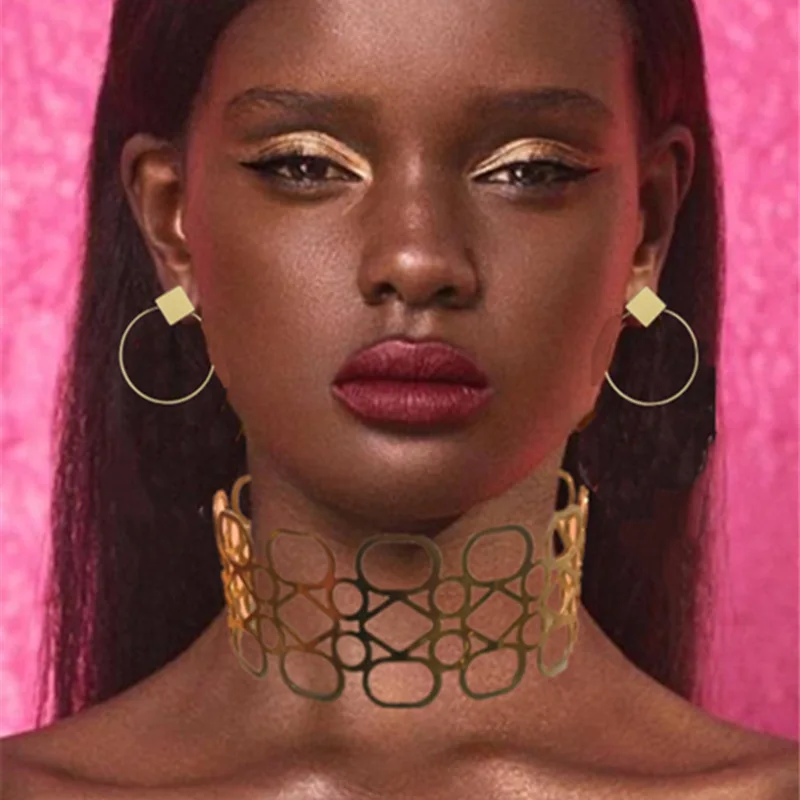

African fashion metal alloy hollow collar three-piece jewelry, necklace earrings bracelet