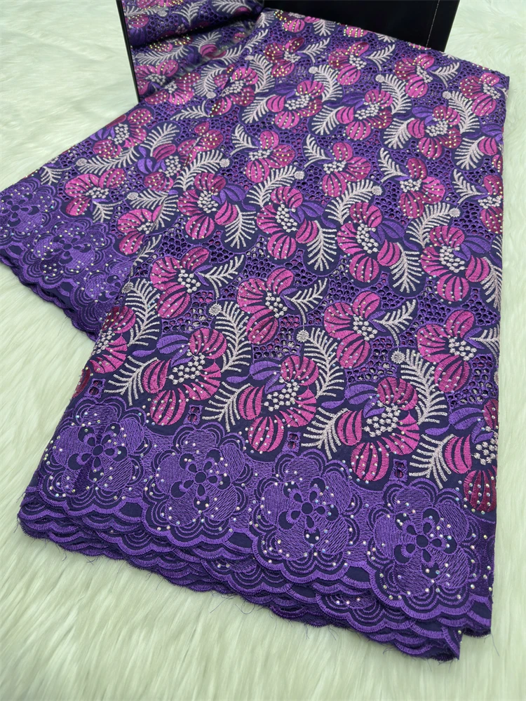 

Purple African Nigerian 100% Cotton Stones Lace Fabrics 2026 High Quality Embroidery Swiss Voile Lace For Women Evening Dresses