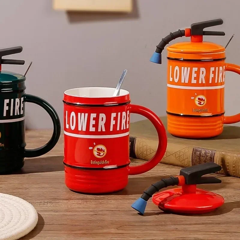 Creative Ceramic Fire Extinguisher Shape Coffee Mugs with Lid and Spoon Fun Mug Perfect Gift for Firefighters Home and Office