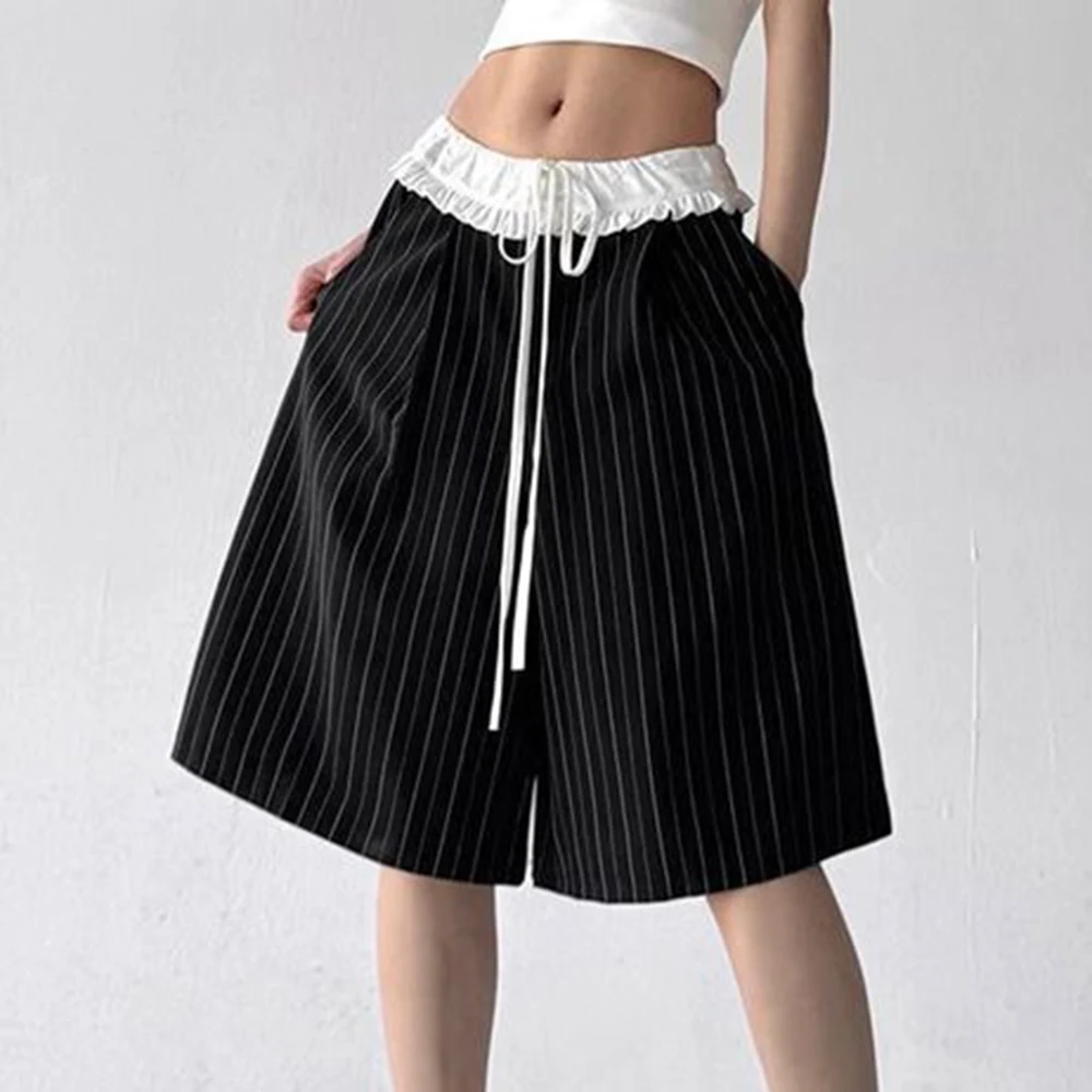 

Black striped suit pants summer new drawstring design sense lace waist wide legs loose straight five-point pants tide