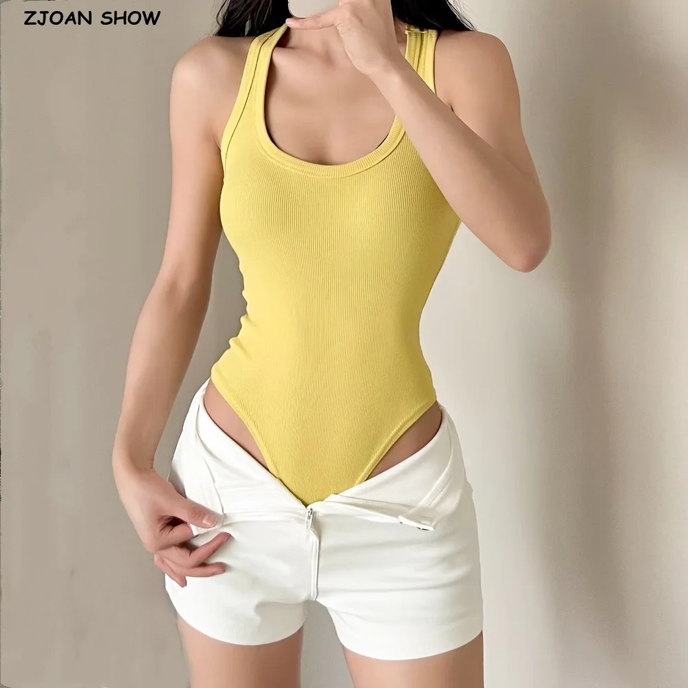 

4 color Summer U collar Rib Sleeveless Bodysuit Retro Woman Cut Out Shoulder Back Short Jumpsuit Slim Rompers Bodycon Playsuits