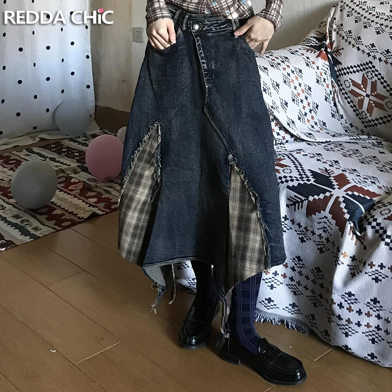 REDDACHiC Retro Tartan Patchwork Denim Skirt Women Ombre Overlay Waist A-line Asymmetrical Long Jeans Skirt Grunge Streetwear