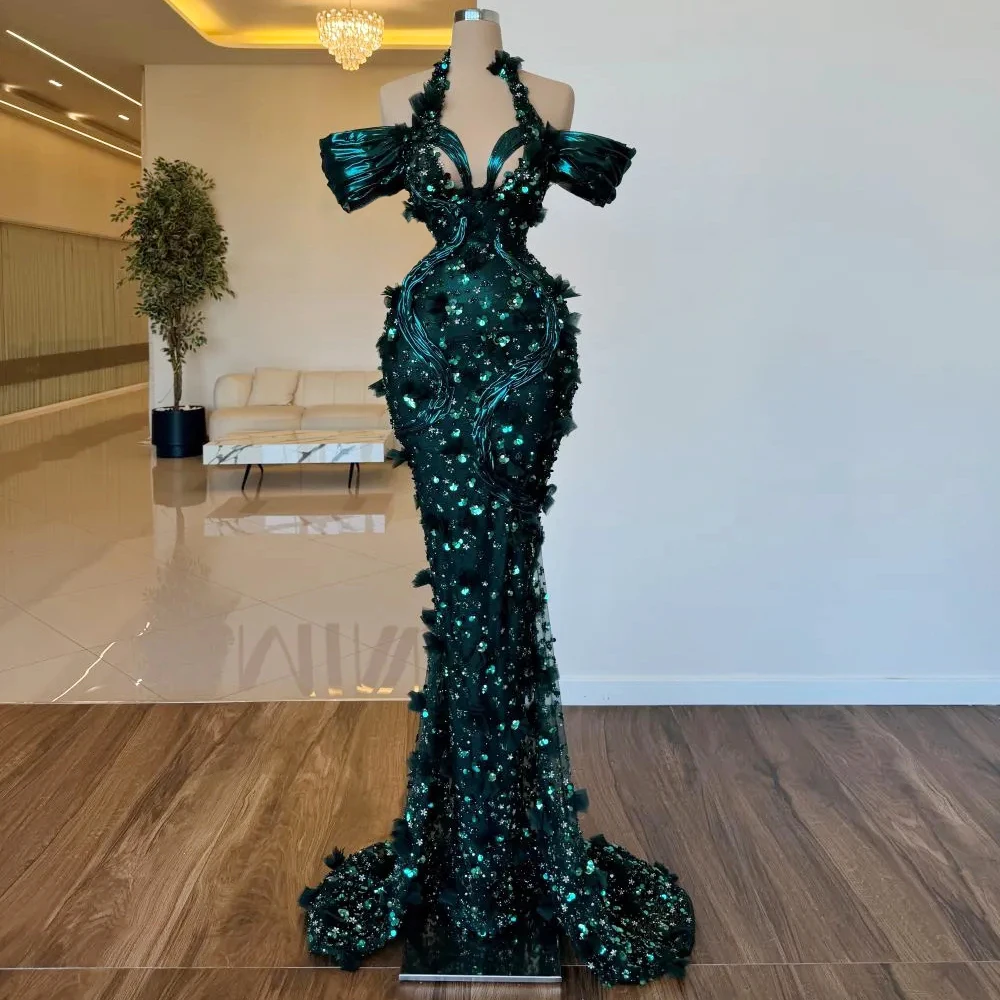 

Dark Green One-shoulder dress Evening Dress Sequin Neck strap Mermaid Dress Prom Dress Long Ball Gown Christmas Party Dress