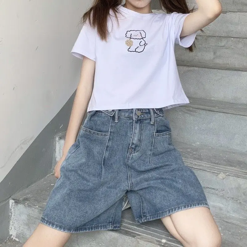 Korean Style Denim Wide Leg Shorts Women Pockets A Line High Waist Shorts Woman 2023 Summer Blue Gray Loose Short Jeans